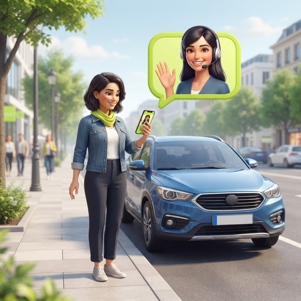 A calm driver reporting an incident from their phone with a support agent ready to help