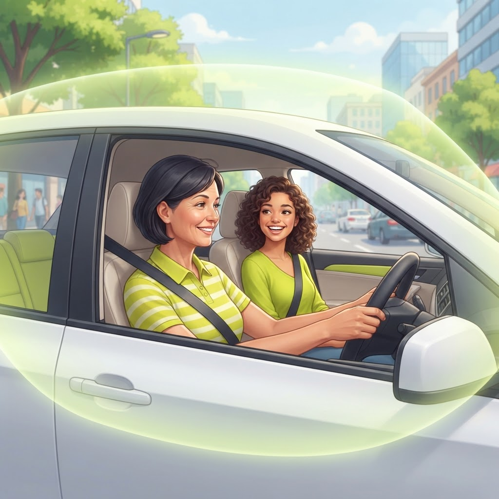 A GlideWay driver and happy passenger on a protected city trip