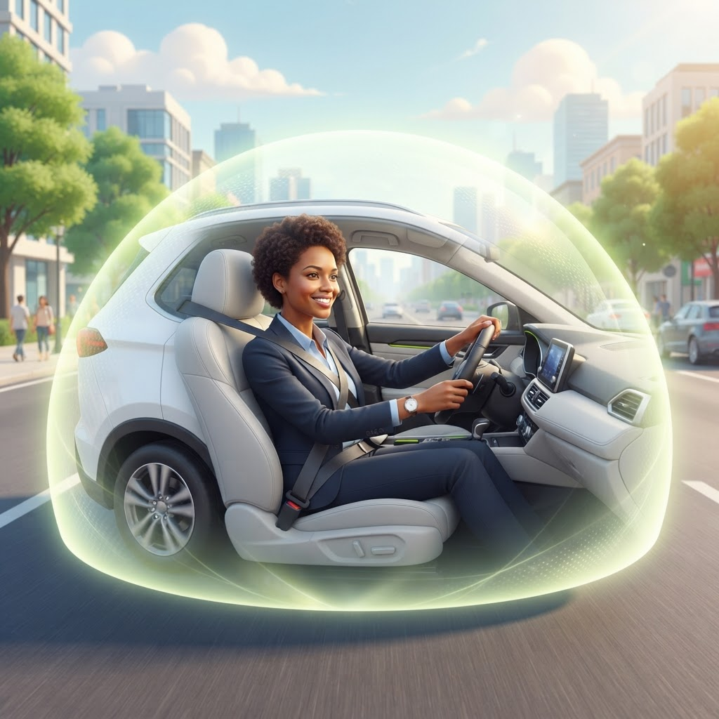 A GlideWay driver protected by a glowing safety shield around their car